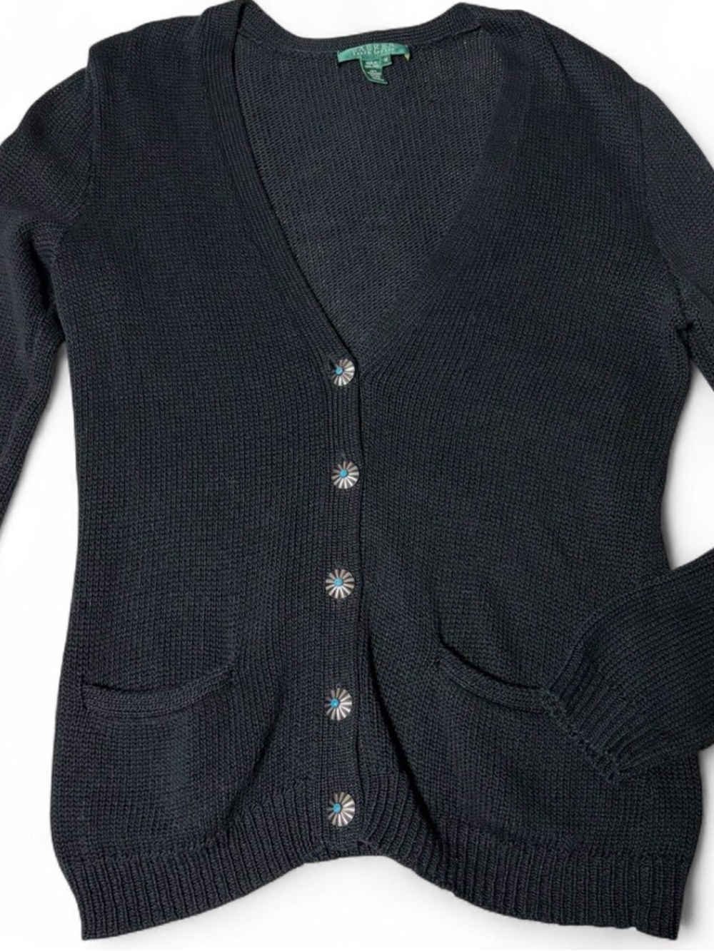 Ralph Lauren Vintage Black Knit Cardigan M Cotton Turquoise Concho Western Y2K